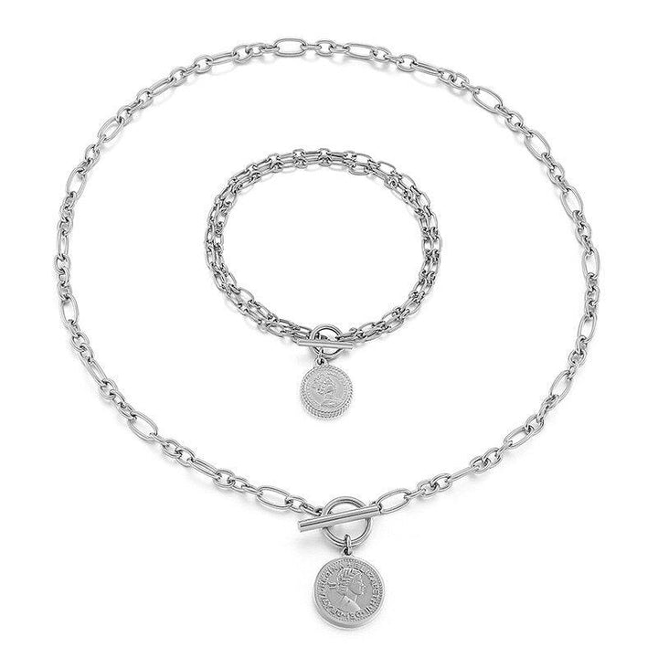 KALEN Fashion Jesus Jewelry Sets Stainless Steel Silver Colour Coin Bracelet &amp; Pendant Necklace Set for Women Jewelry Gifts.