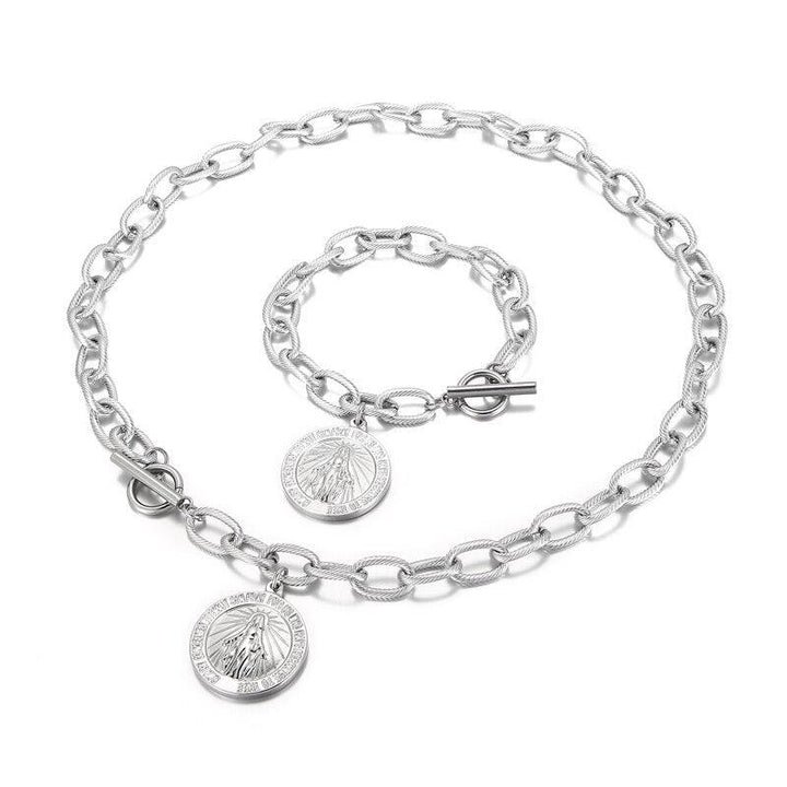 KALEN Fashion Jesus Jewelry Sets Stainless Steel Silver Colour Coin Bracelet &amp; Pendant Necklace Set for Women Jewelry Gifts.