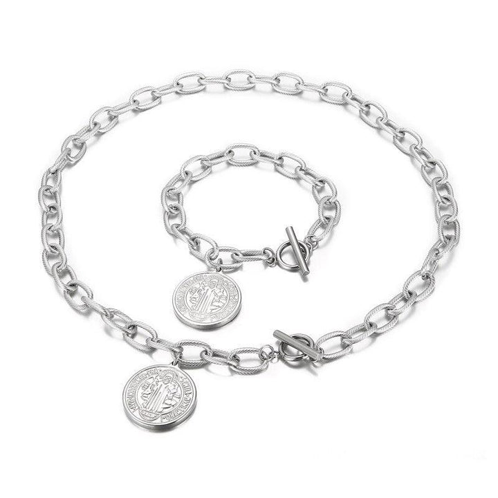 KALEN Fashion Jesus Jewelry Sets Stainless Steel Silver Colour Coin Bracelet &amp; Pendant Necklace Set for Women Jewelry Gifts.