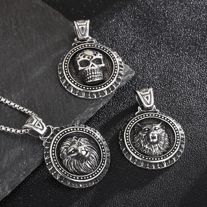 KALEN Round Skull Ghost Medal Pendant Necklace Men Stainless Steel Punk Jewelry With 60cm Chain.