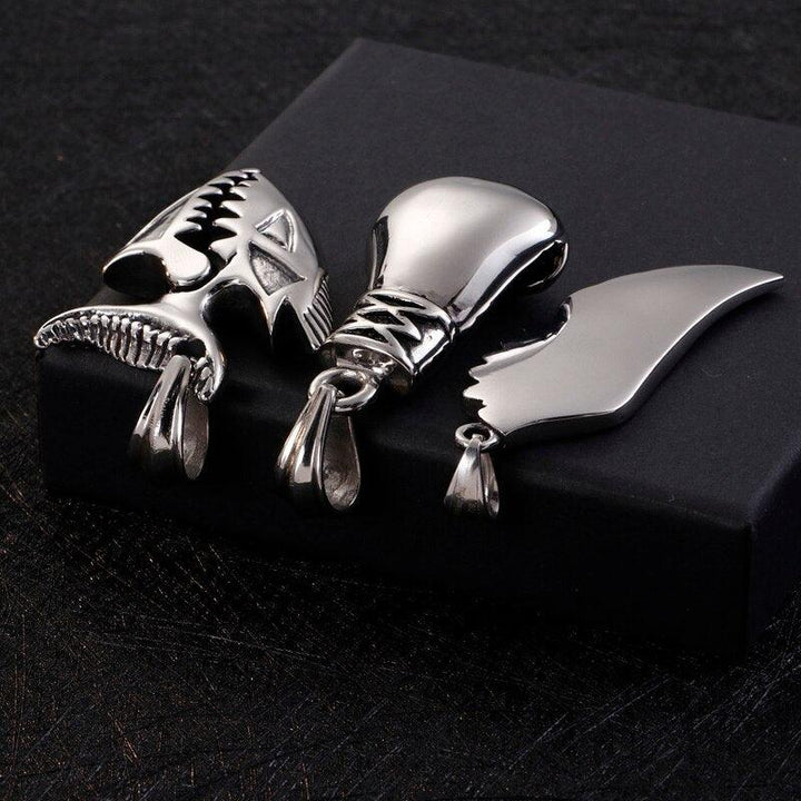 KALEN Punk Stainless Steel Shark Feather Pendant Necklace Men Hip Hop Boxing Knuckles Chain Collar Homme Boho Jewelry.