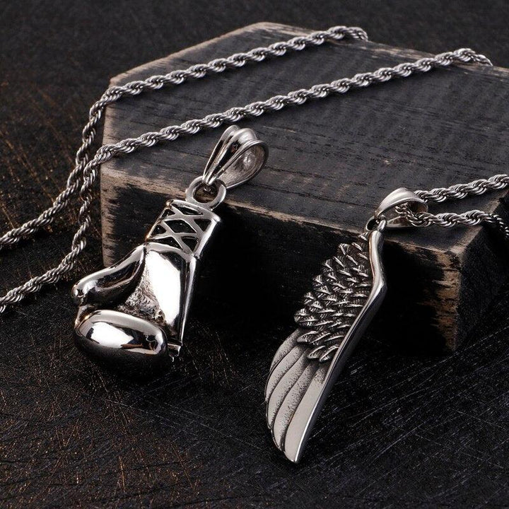 KALEN Punk Stainless Steel Shark Feather Pendant Necklace Men Hip Hop Boxing Knuckles Chain Collar Homme Boho Jewelry.