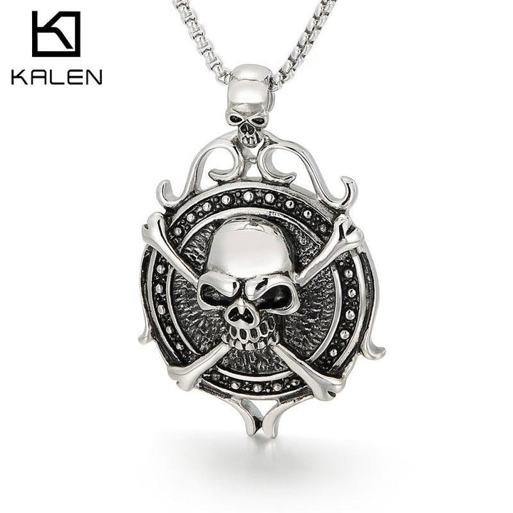 Kalen Vintage Skull Shield Pendant Heavy Men's Necklace Popcorn Chain Jewelry Party Gift.
