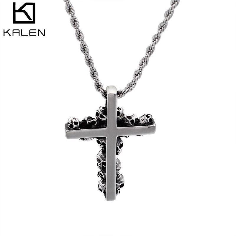 Kalen Skull Cross Redemption Jesus Religion Stainless Steel Pendant Men's Necklace Jewelry.