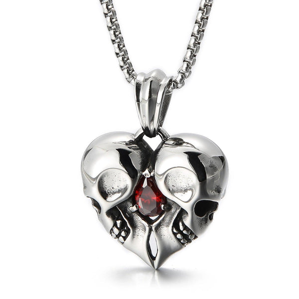 KALEN Skull Heart Pendant Necklace With Red Gemstone Men Party Jewelry.