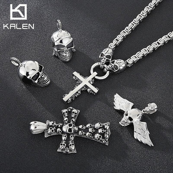 Kalen Skull Series  Pendant Punk Necklace For Men's Charm Metal Accessory Cross Chain.