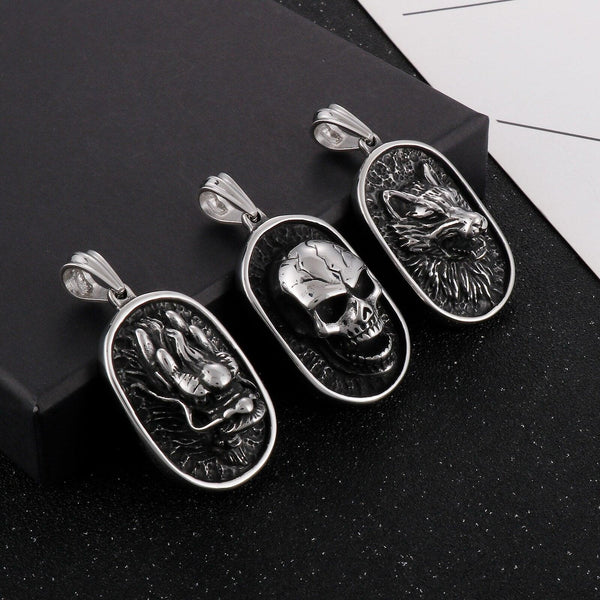 KALEN Vintage Skull Wolf Faucet Necklace Pendant Stainless Steel Twist Rope Necklace Men Punk Jewelry.