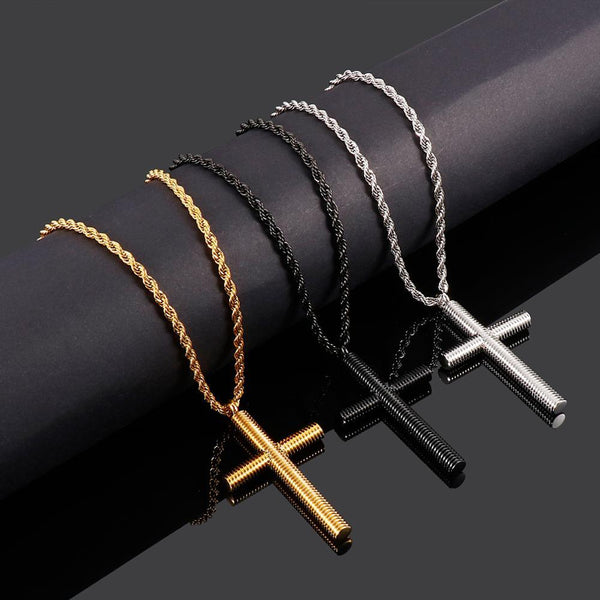 Kalen Three-Color Spiral Screw Cross Pendant 316L Stainless Steel Men's Trendy Necklace Jewelry.