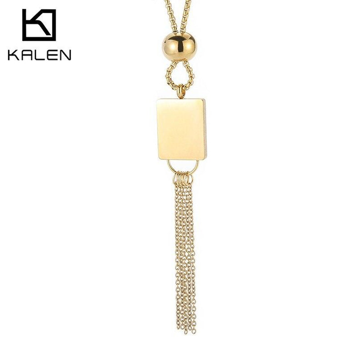 KALEN Stainless Steel Tassel  Necklace Square Pendant Tassel Long Necklace For Women Fashion Jewelry.