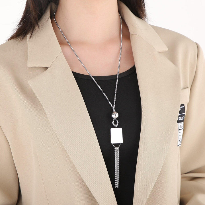 KALEN Stainless Steel Tassel  Necklace Square Pendant Tassel Long Necklace For Women Fashion Jewelry.