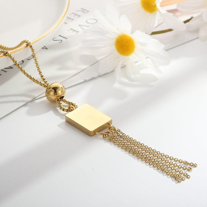 KALEN Stainless Steel Tassel  Necklace Square Pendant Tassel Long Necklace For Women Fashion Jewelry.