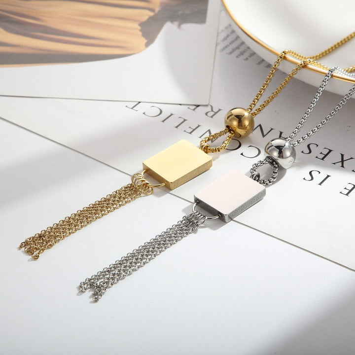 KALEN Stainless Steel Tassel  Necklace Square Pendant Tassel Long Necklace For Women Fashion Jewelry.