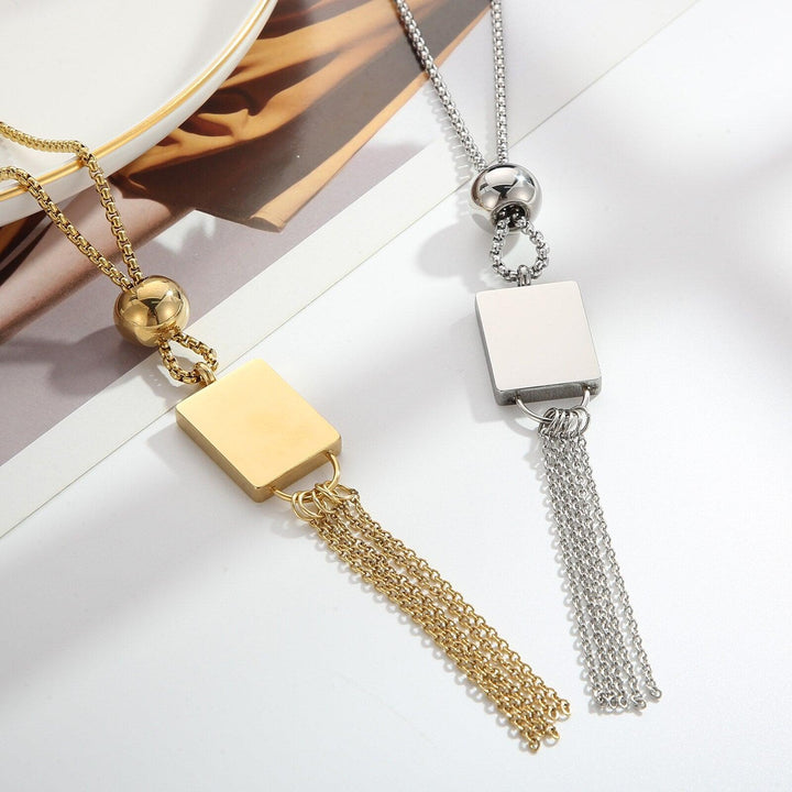 KALEN Stainless Steel Tassel  Necklace Square Pendant Tassel Long Necklace For Women Fashion Jewelry.