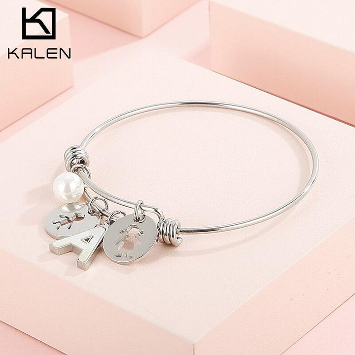 Kalen Letter Pear Charm Bead Adjusted Cuff Bangles Women Stainless Steel Fashion Round Shape Bangle For Girl Gifts.