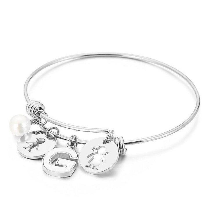 Kalen Letter Pear Charm Bead Adjusted Cuff Bangles Women Stainless Steel Fashion Round Shape Bangle For Girl Gifts.