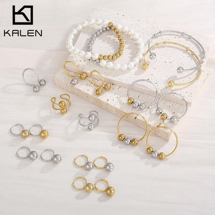 Stainless Steel Ball Bean Hoop Earrings Ring Pearl Bracelet Bangle Set - kalen