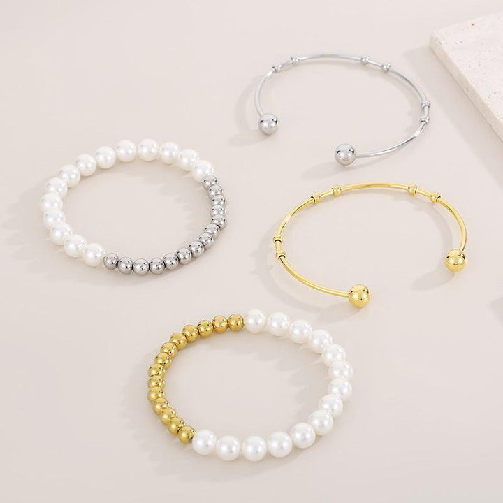 Stainless Steel Ball Bean Hoop Earrings Ring Pearl Bracelet Bangle Set - kalen