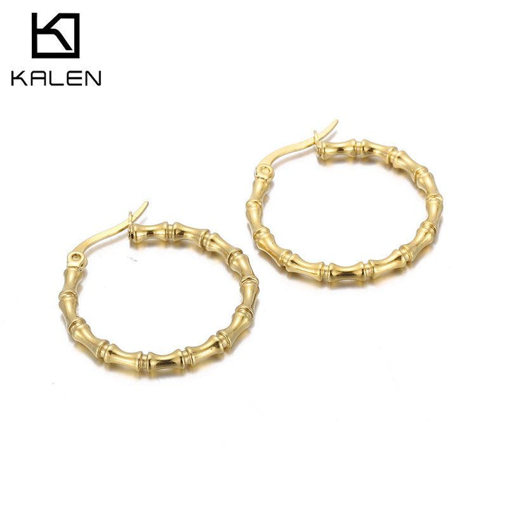 Stainless Steel Bamboo Circle Hoop Earrings - kalen