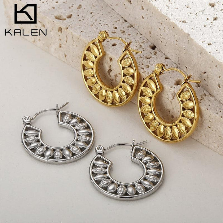 Stainless Steel Bead C-Shape Hoop Earrings - kalen