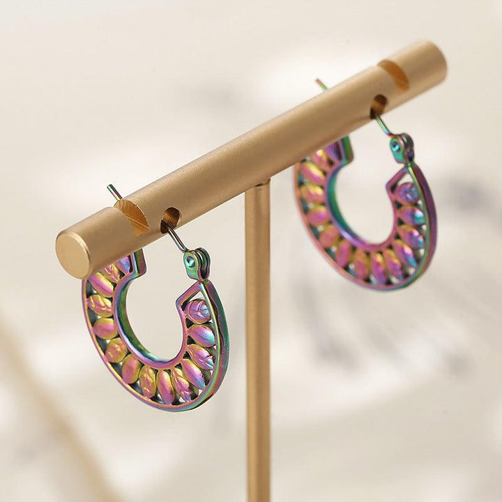 Stainless Steel Bead C-Shape Hoop Earrings - kalen