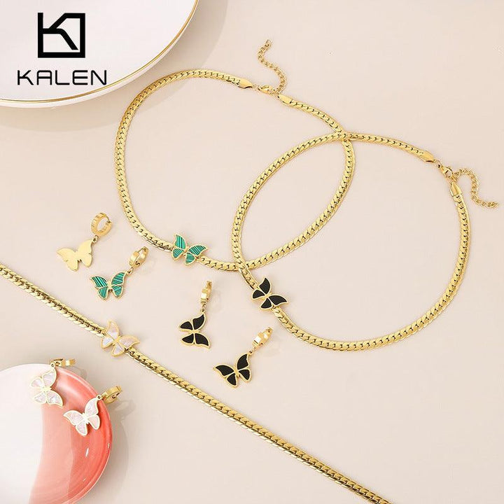 Stainless Steel Butterfly Acrylic Hoop Earrings Pendant Necklace Set - kalen