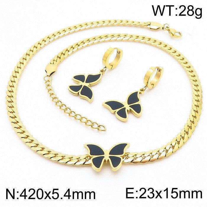 Stainless Steel Butterfly Acrylic Hoop Earrings Pendant Necklace Set - kalen