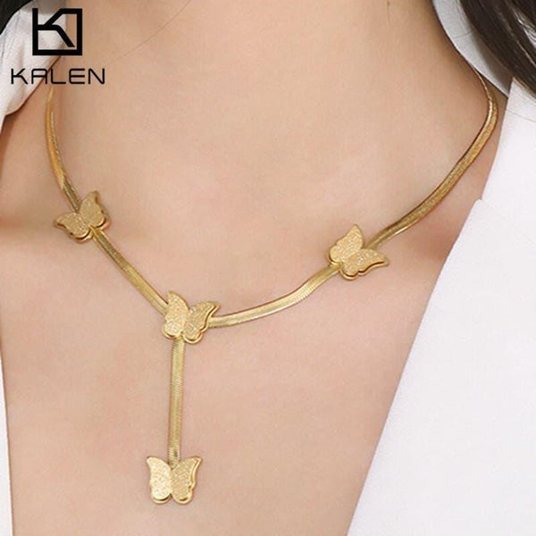 New Fashion Stainless Steel Butterfly Flat Snake Chain Tassel Necklace For Women Romantic Gold-Plated Wedding Party Jewelry.