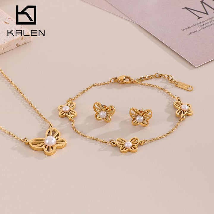 Stainless Steel Butterfly Pearl Stub Earrings Pendant Necklace Bracelet Set - kalen