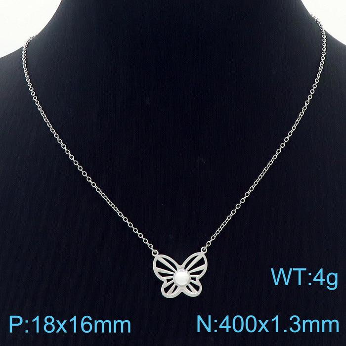 Stainless Steel Butterfly Pearl Stub Earrings Pendant Necklace Bracelet Set - kalen