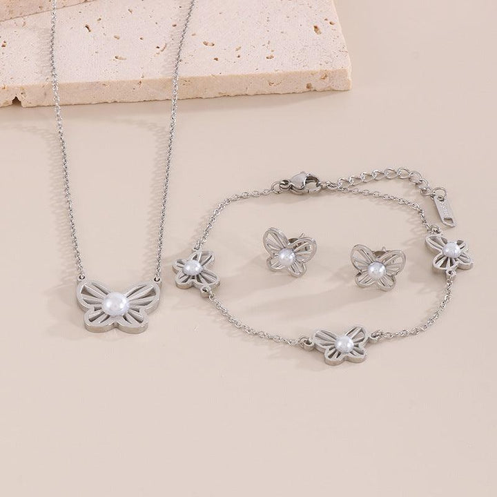 Stainless Steel Butterfly Pearl Stub Earrings Pendant Necklace Bracelet Set - kalen