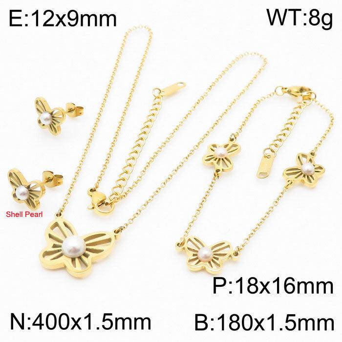 Stainless Steel Butterfly Pearl Stub Earrings Pendant Necklace Bracelet Set - kalen