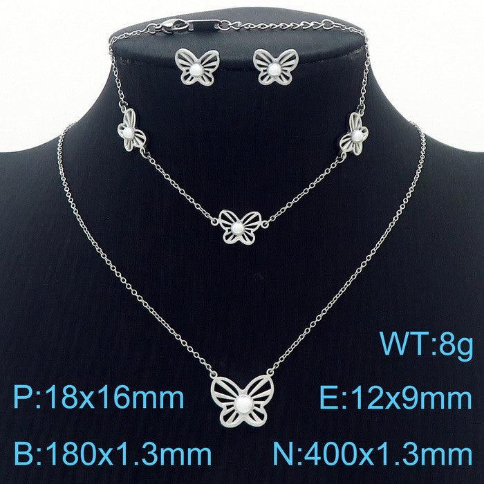 Stainless Steel Butterfly Pearl Stub Earrings Pendant Necklace Bracelet Set - kalen