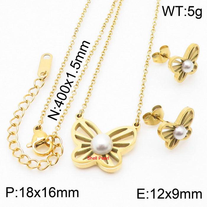 Stainless Steel Butterfly Pearl Stub Earrings Pendant Necklace Bracelet Set - kalen