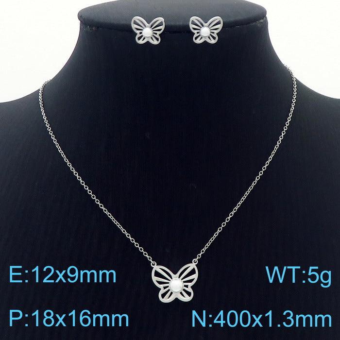 Stainless Steel Butterfly Pearl Stub Earrings Pendant Necklace Bracelet Set - kalen