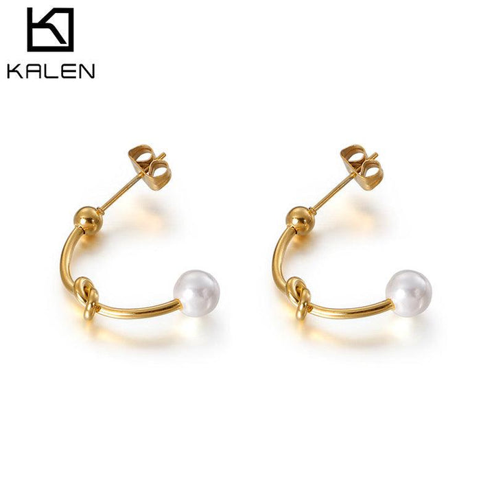 Stainless Steel C-Shape Knot Pearl Stub Earrings - kalen