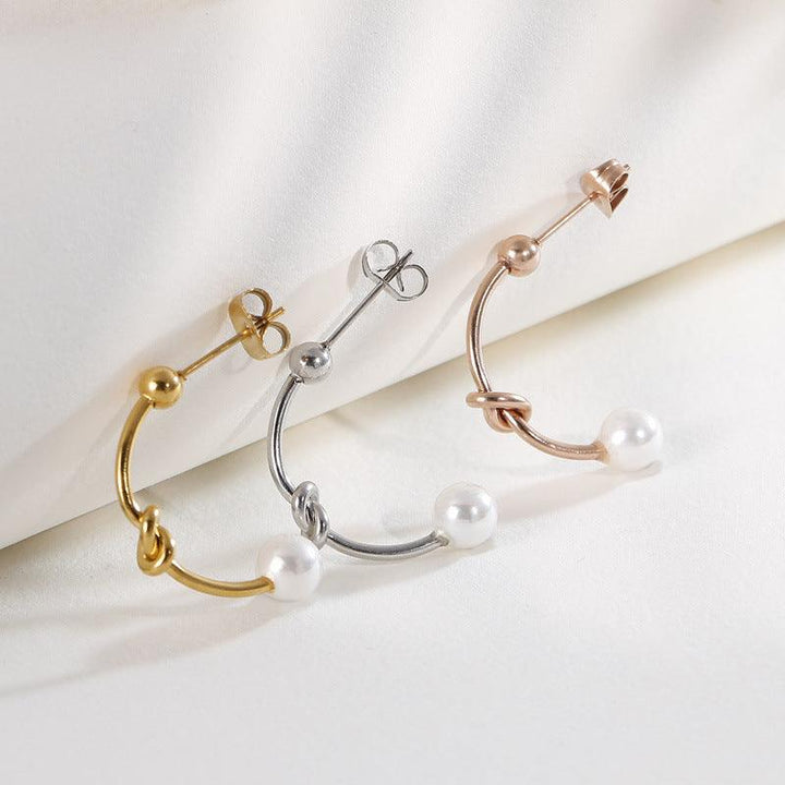 Stainless Steel C-Shape Knot Pearl Stub Earrings - kalen