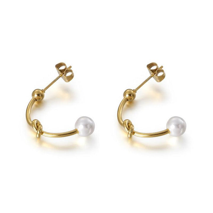 Stainless Steel C-Shape Knot Pearl Stub Earrings - kalen