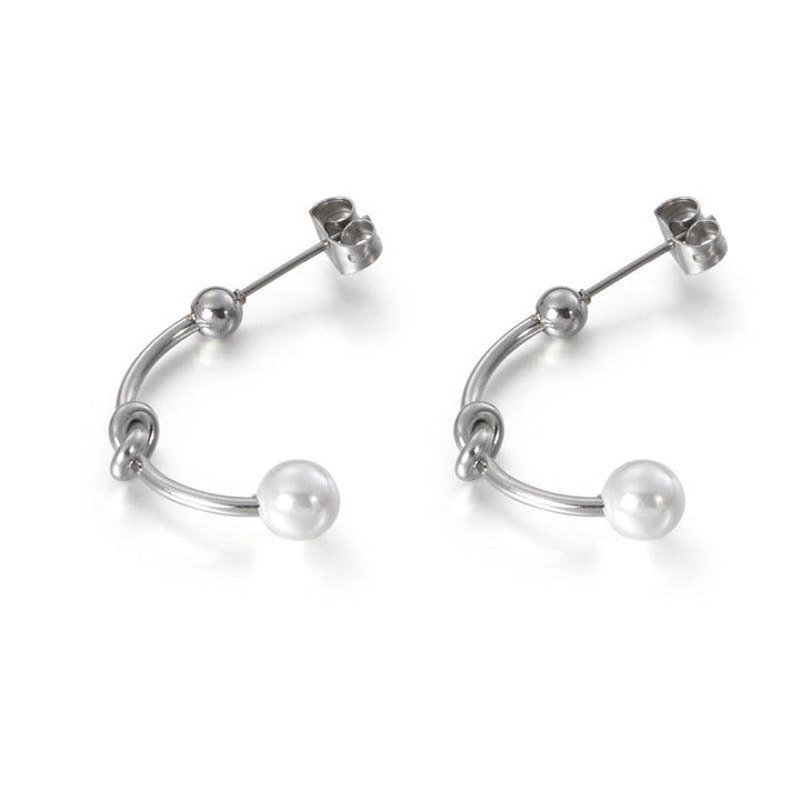 Stainless Steel C-Shape Knot Pearl Stub Earrings - kalen