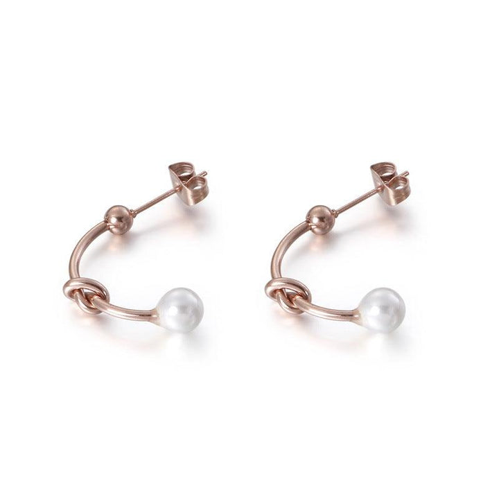 Stainless Steel C-Shape Knot Pearl Stub Earrings - kalen