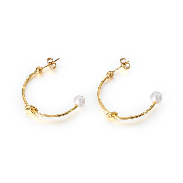 Stainless Steel C-Shape Knot Pearl Stub Earrings - kalen