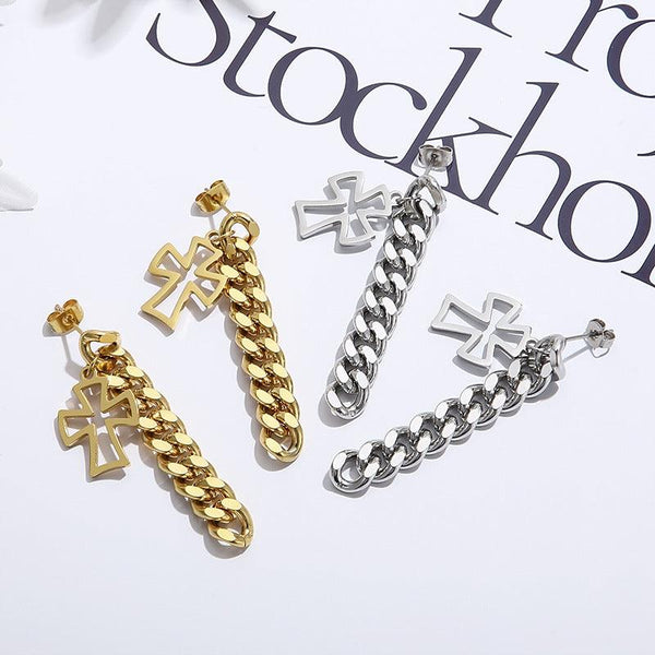 Stainless Steel Chain Cross Drop Earrings - kalen