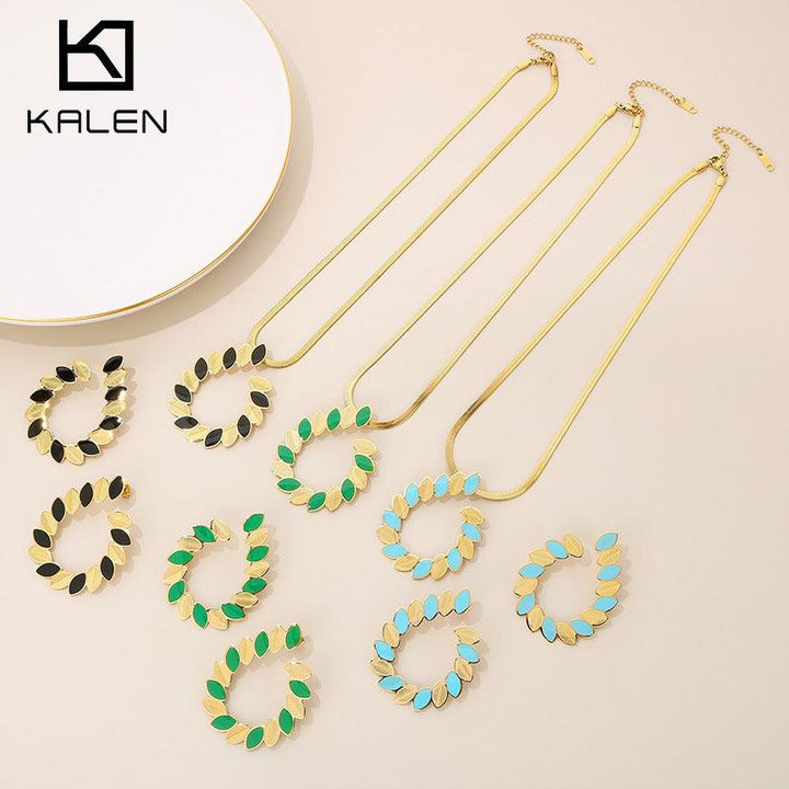 Stainless Steel Chain Enamel Stub Earrings Pendant Necklace - kalen