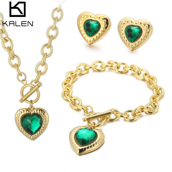 KALEN Stainless Steel Chain Heart-shaped Charm Necklace Bracelet For Women New Trend Jewelry Set Girls Party Gifts.