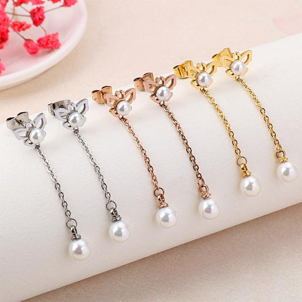 Stainless Steel Chain Pearl Drop Earrings - kalen