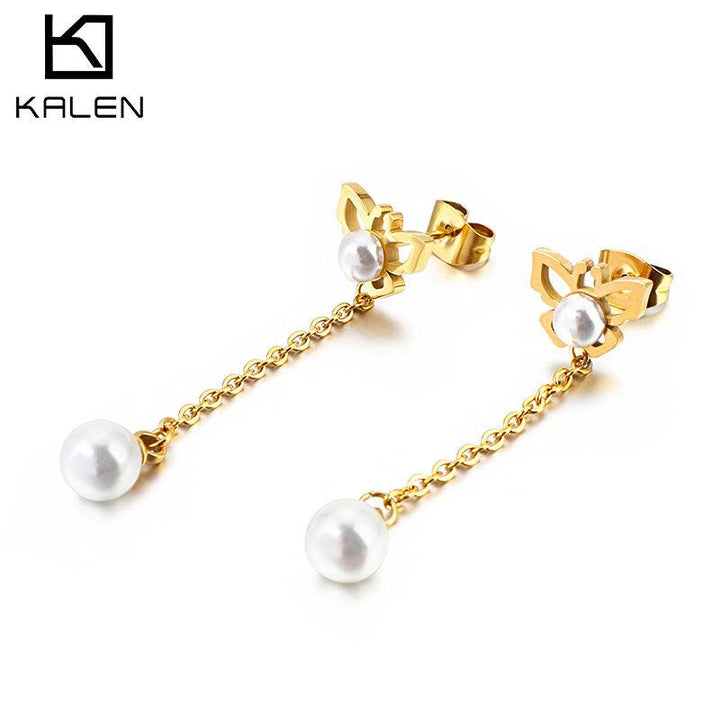 Stainless Steel Chain Pearl Drop Earrings - kalen