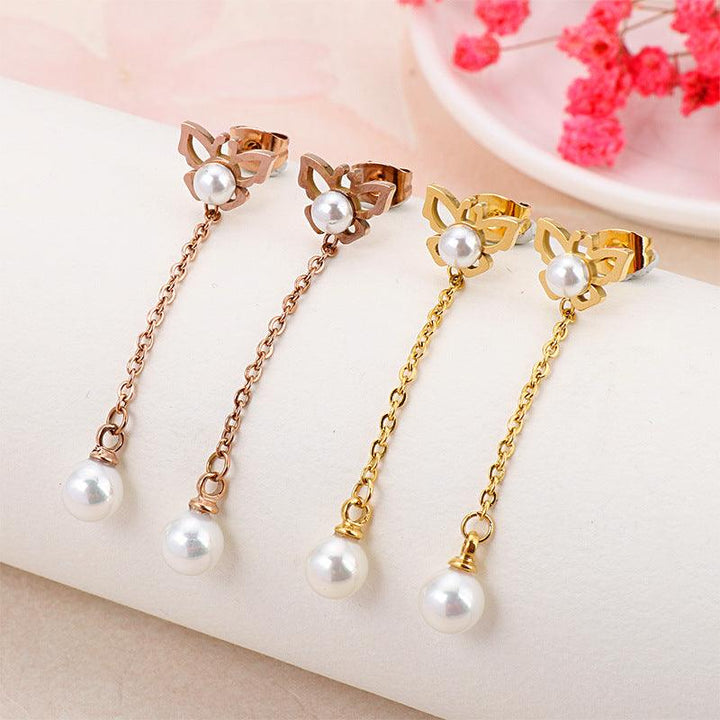 Stainless Steel Chain Pearl Drop Earrings - kalen