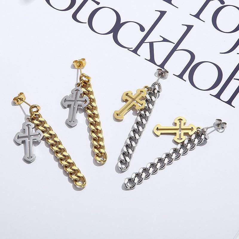 Stainless Steel Chian Cross Drop Earrings - kalen