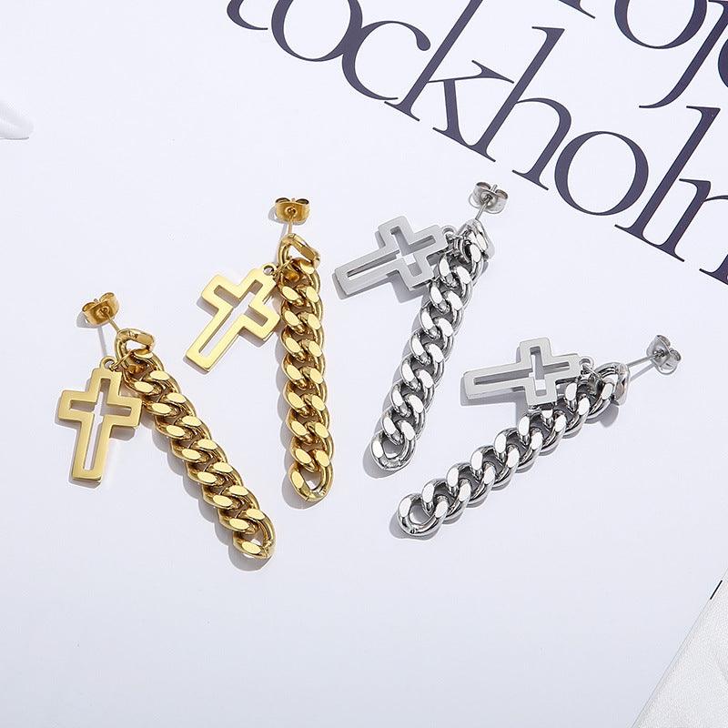 Stainless Steel Chian Cross Drop Earrings - kalen