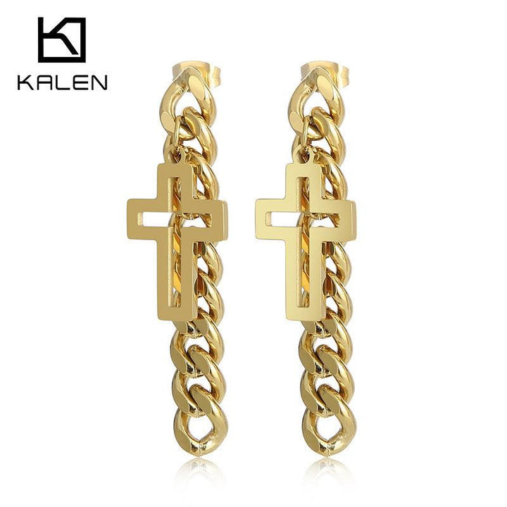 Stainless Steel Chian Cross Drop Earrings - kalen