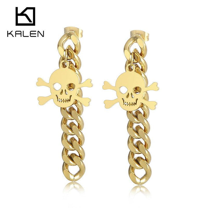 Stainless Steel Chian Skull Drop Earrings - kalen